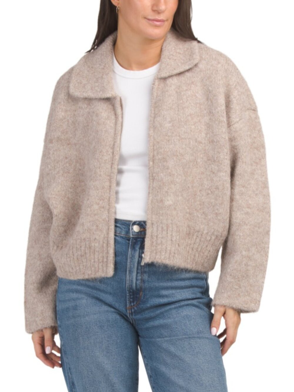 PARKER Wool Blend Textured Front Zip Collared Cardigan